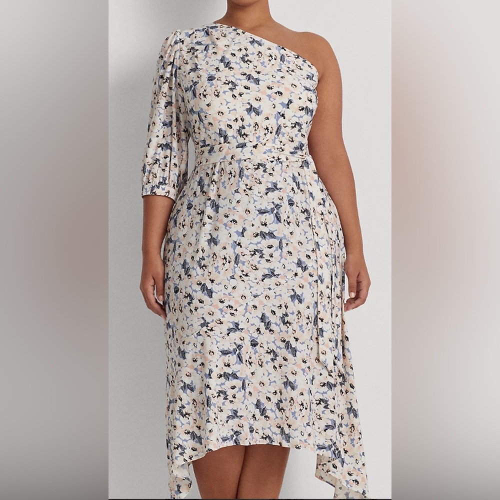 Ralph Lauren Blue and Cream One-Shoulder Dress